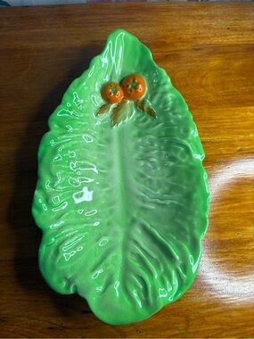 Vintage Green Ceramic Lettuce Leaf Serving Platter with Orange Fruit Accent